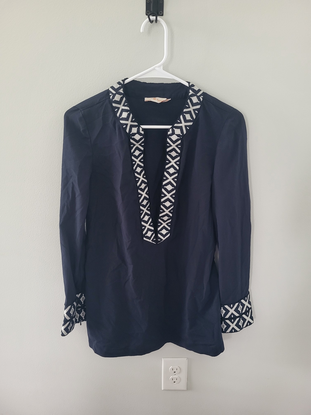 Tory Burch Navy Tunic with White Geometric Trim